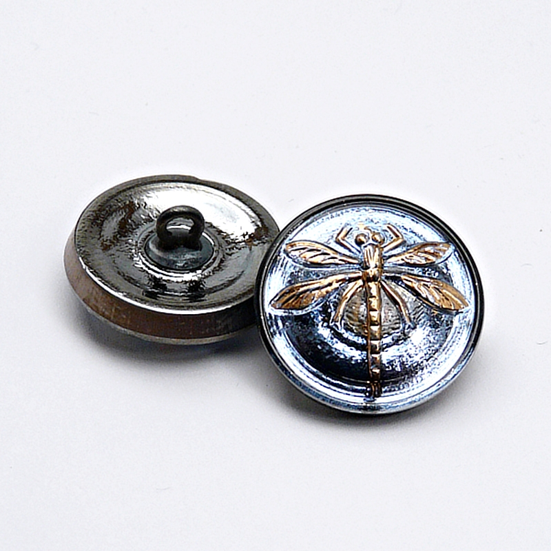 1pcs Czech Handmade Art Glass Button Round 18mm Crystal Heliotrope Gold Dragonfly