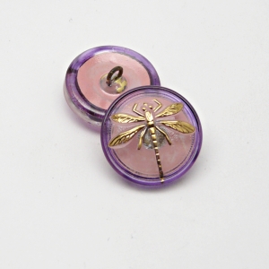 1pcs Czech Handmade Art Glass Button Round 18mm Crystal Pink Purple Colored Gold Dragonfly
