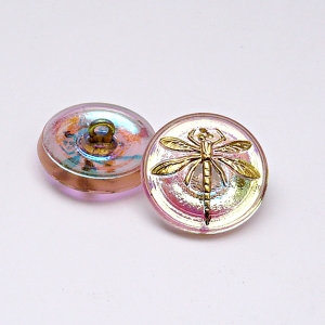 1pcs Czech Handmade Art Glass Button Round 18mm Rosaline Gold Dragonfly AB