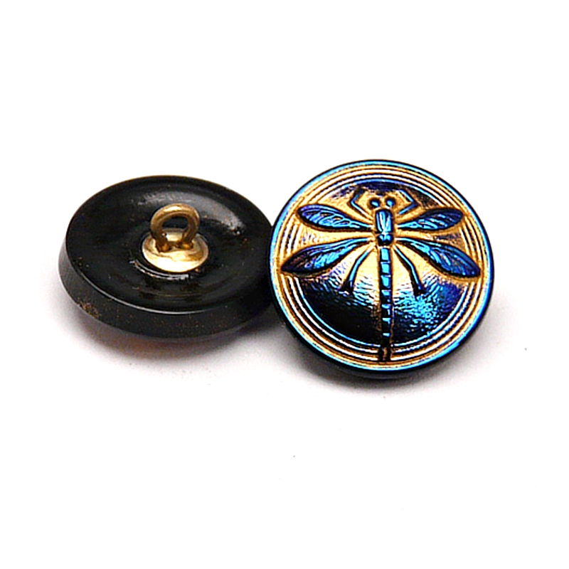 1pcs Czech Handmade Art Glass Button Round 18mm Jet Azuro Dragonfly Bronze Painted