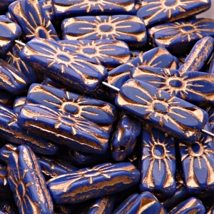 8pcs Czech Pressed Glass Rectangular Beads with Floral Motif 20x8mm Opaque Navy Blue Bronze Fired Color