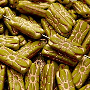 8pcs Czech Pressed Glass Rectangular Beads with Floral Motif 20x8mm Opaque Olivine Bronze Fired Color