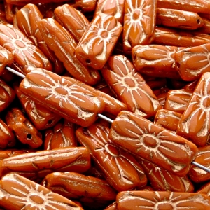 8pcs Czech Pressed Glass Rectangular Beads with Floral Motif 20x8mm Opaque Orange Bronze Fired Color