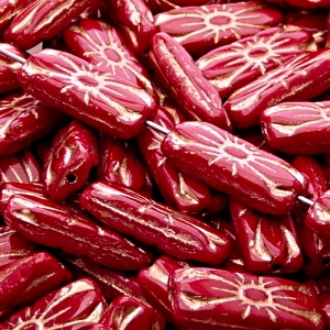 8pcs Czech Pressed Glass Rectangular Beads with Floral Motif 20x8mm Opaque Red Coral Bronze Fired Color