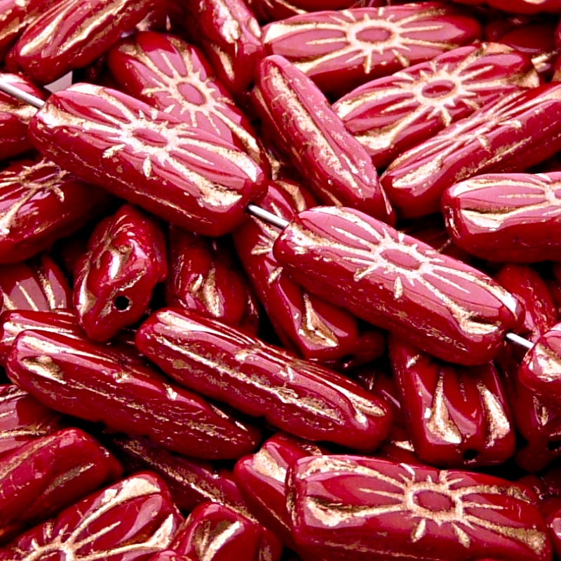 8pcs Czech Pressed Glass Rectangular Beads with Floral Motif 20x8mm Opaque Red Coral Bronze Fired Color