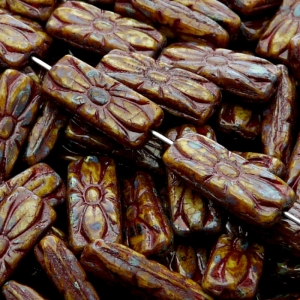 8pcs Czech Pressed Glass Rectangular Beads with Floral Motif 20x8mm Opaque Beige Travertin Red Fired Color