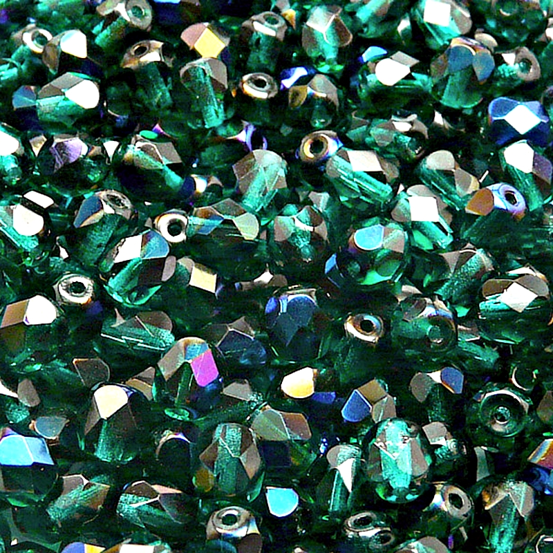 50pcs Czech Fire Polished Faceted Glass Beads Round 6mm Emerald Azuro