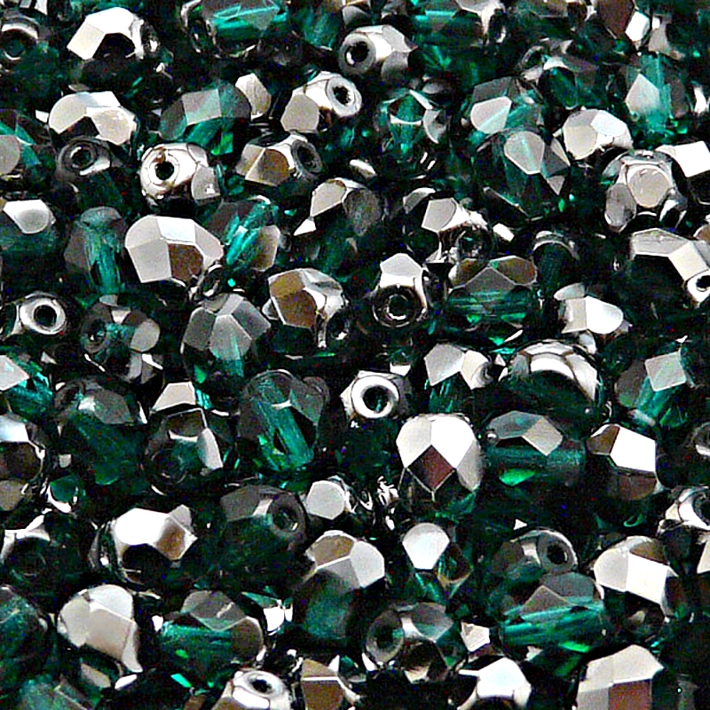 50pcs Czech Fire Polished Faceted Glass Beads Round 6mm Emerald Chrome
