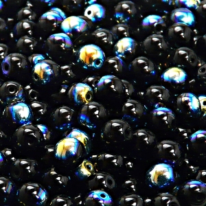 50pcs Czech Pressed Glass Round Beads 6mm Jet AB