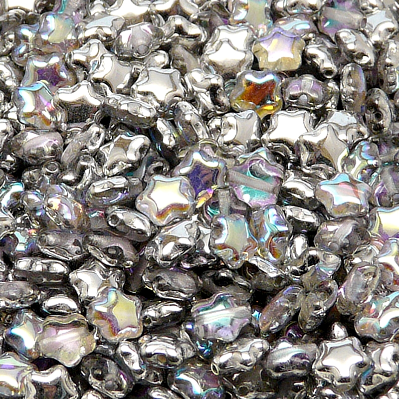 40pcs Czech Pressed Glass Star Beads 6mm Crystal Silver Rainbow