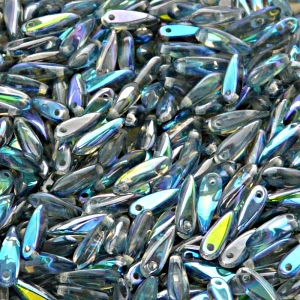 50pcs Czech Pressed Glass Dagger Beads 3x11mm Crystal Blue Rainbow