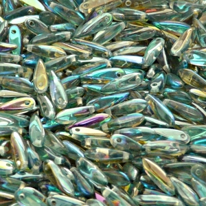 50pcs Czech Pressed Glass Dagger Beads 3x11mm Crystal Green Rainbow