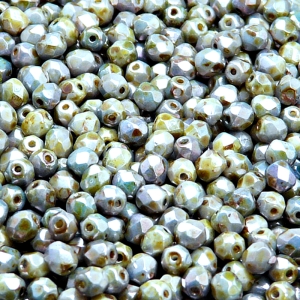 100pcs Czech Fire Polished Faceted Glass Beads Round 4mm Opaque Chalk White Blue Brown Marble Luster