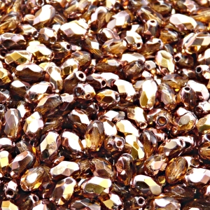 50pcs Czech Fire Polished Faceted Glass Olive Beads 6x4mm Smoked Topaz Gold Capri
