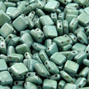 40pcs Czech Two Hole Pressed Glass Tile Beads 6mm Opaque Green Ceramic Look