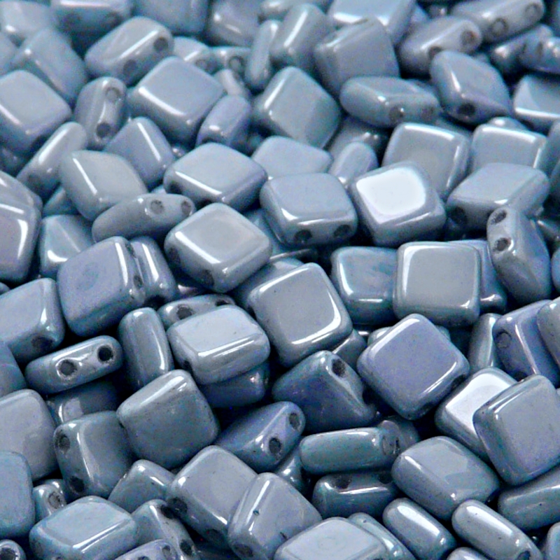 40pcs Czech Two Hole Pressed Glass Tile Beads 6mm Opaque Blue Ceramic Look