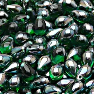30pcs Czech Pressed Glass Teardrop Beads 6x9mm Emerald Celsian