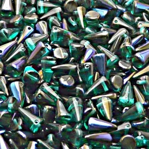 50pcs Czech Pressed Glass Spike Beads 5x8mm Emerald Azuro