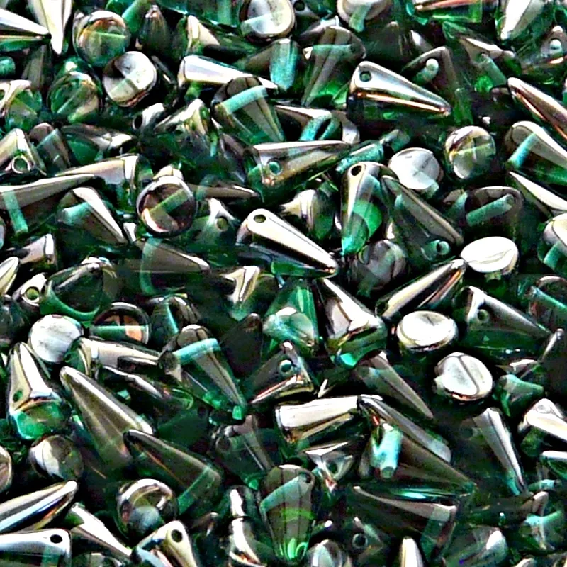 50pcs Czech Pressed Glass Spike Beads 5x8mm Emerald Celsian