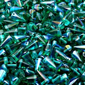 50pcs Czech Pressed Glass Spike Beads 5x8mm Emerald AB