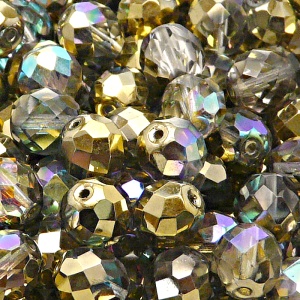 10pcs Czech Fire Polished Faceted Glass Beads Round 10mm Crystal Golden Rainbow