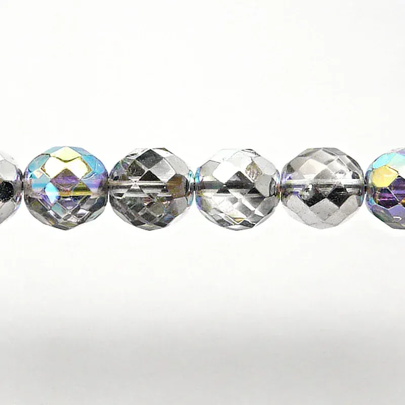 8pcs Czech Fire Polished Faceted Glass Beads Round 12mm Crystal Silver Rainbow