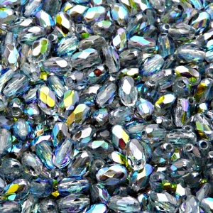 50pcs Czech Fire Polished Faceted Glass Olive Beads 6x4mm Crystal Blue Rainbow