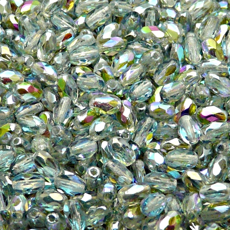 50pcs Czech Fire Polished Faceted Glass Olive Beads 6x4mm Crystal Green Rainbow