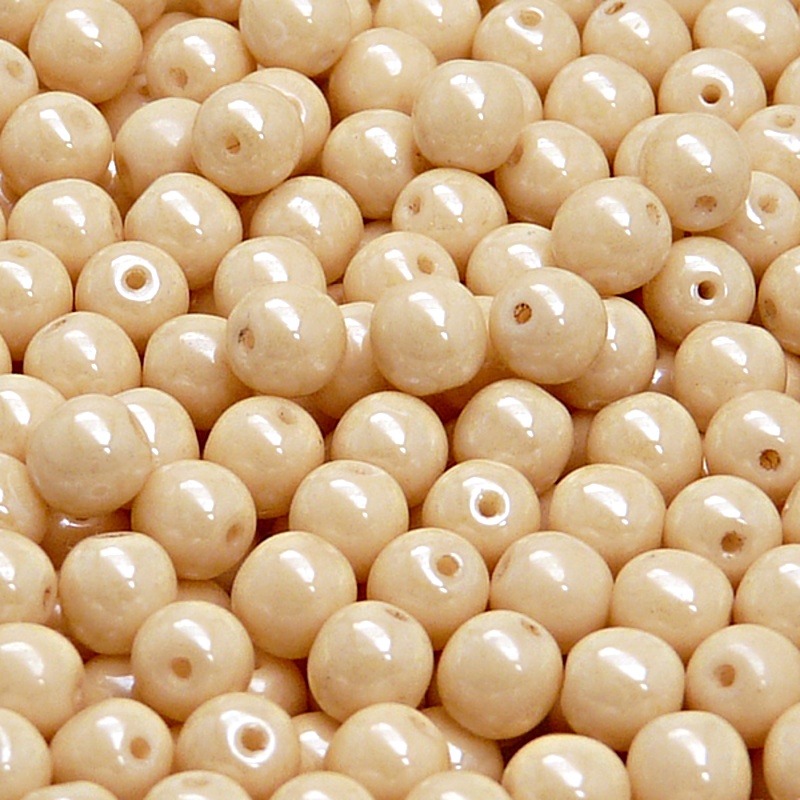 50pcs Czech Pressed Glass Round Beads 6mm Opaque Beige Ceramic Look