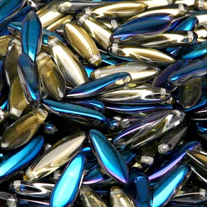 30pcs Czech Pressed Glass Dagger Beads 5x16mm Crystal Blue Flare