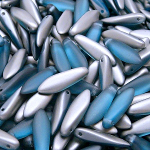 30pcs Czech Pressed Glass Dagger Beads 5x16mm Aquamarine Chrome Matte