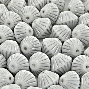 10pcs Czech Pressed Glass Bicone Round Beads 11mm Opaque Chalk White With Silver Fired Color Matte