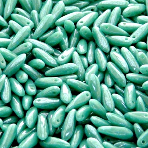 50pcs Czech Pressed Glass Dagger Beads 3x11mm Opaque Turquoise Green White Luster