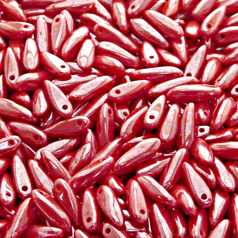 50pcs Czech Pressed Glass Dagger Beads 3x11mm Opaque Red Coral White Luster