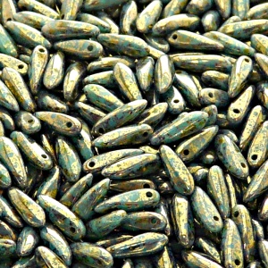 50pcs Czech Pressed Glass Dagger Beads 3x11mm Opaque Turquoise Green Violet Gold Picasso