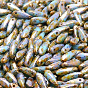 50pcs Czech Pressed Glass Dagger Beads 3x11mm Opaque Turquoise Blue Violet Gold Picasso