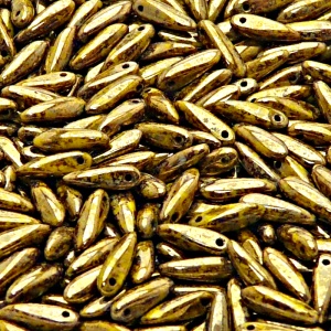 50pcs Czech Pressed Glass Dagger Beads 3x11mm Opaque Yellow Violet Gold Picasso