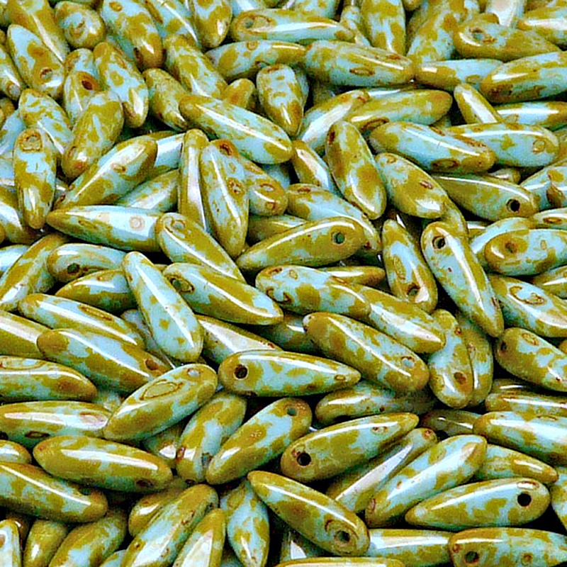 50pcs Czech Pressed Glass Dagger Beads 3x11mm Opaque Turquoise Blue Travertin