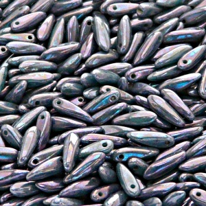 50pcs Czech Pressed Glass Dagger Beads 3x11mm Opaque Turquoise Green Nebula Luster