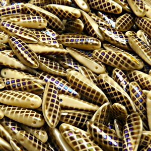 20pcs Czech Pressed Glass Dagger Beads 5x16mm Opaque Beige Azuro Grille