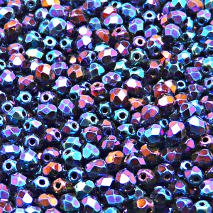 100pcs Czech Fire Polished Faceted Glass Beads Round 4mm Jet Blue Iris