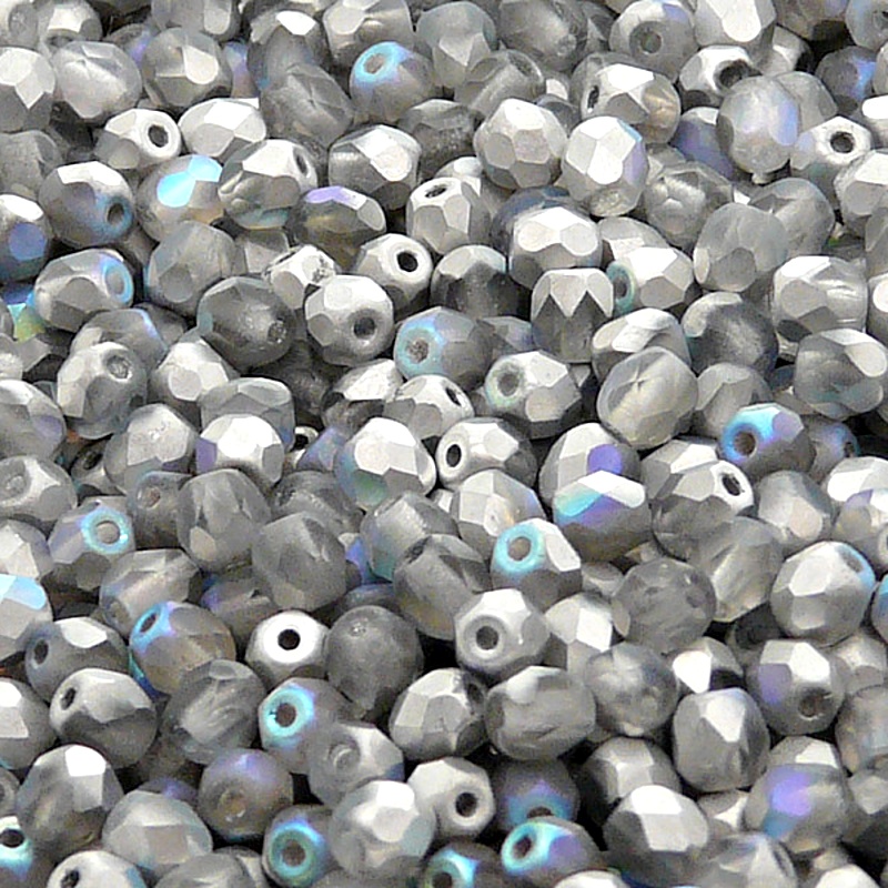 100pcs Czech Fire Polished Faceted Glass Beads Round 4mm Crystal Silver Rainbow Matte