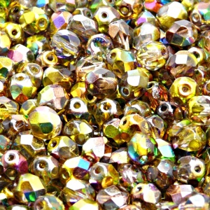 50pcs Czech Fire Polished Faceted Glass Beads Round 6mm Crystal Yellow Brown Magic