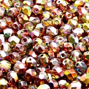 50pcs Czech Fire Polished Faceted Glass Beads Round 6mm Crystal Red Yellow Magic