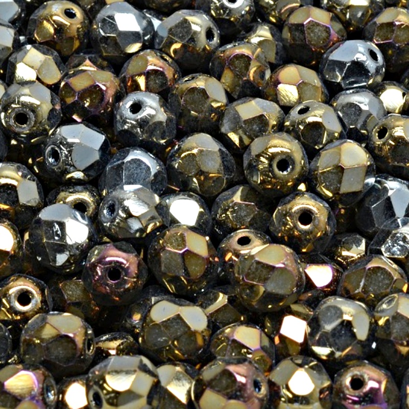 50pcs Czech Fire Polished Faceted Glass Beads Round 6mm Jet Brown Iris