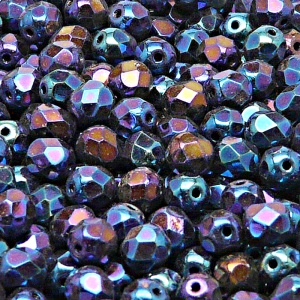 50pcs Czech Fire Polished Faceted Glass Beads Round 6mm Jet Blue Iris