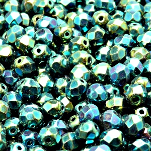 50pcs Czech Fire Polished Faceted Glass Beads Round 6mm Jet Green Iris