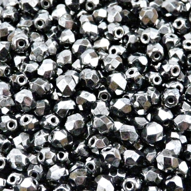 80pcs Czech Fire Polished Faceted Glass Beads Round 5mm Jet Hematite