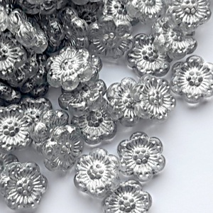 8pcs Czech Pressed Glass Flat Flower Beads 14mm Crystal Silver Fired Color