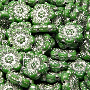 8pcs Czech Pressed Glass Flat Flower Beads 14mm Opaque Green Silver Fired Color
